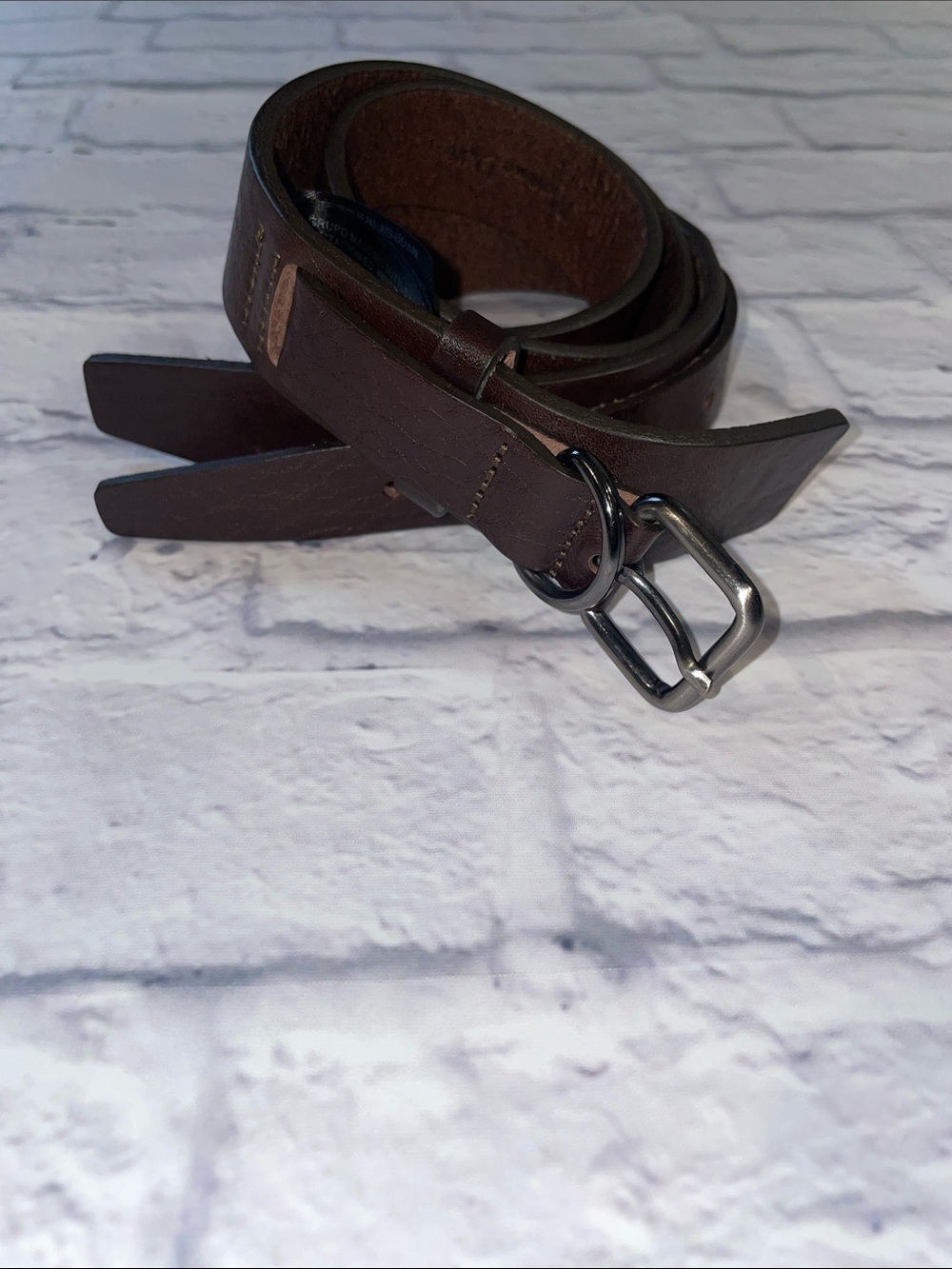 Massimo Dutti Brown Leather Double-Ring Belt with Silver Buckle